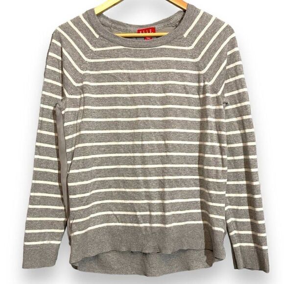 Elle Solid Back Stripes Front Lightweight Sweater - Picture 1 of 10